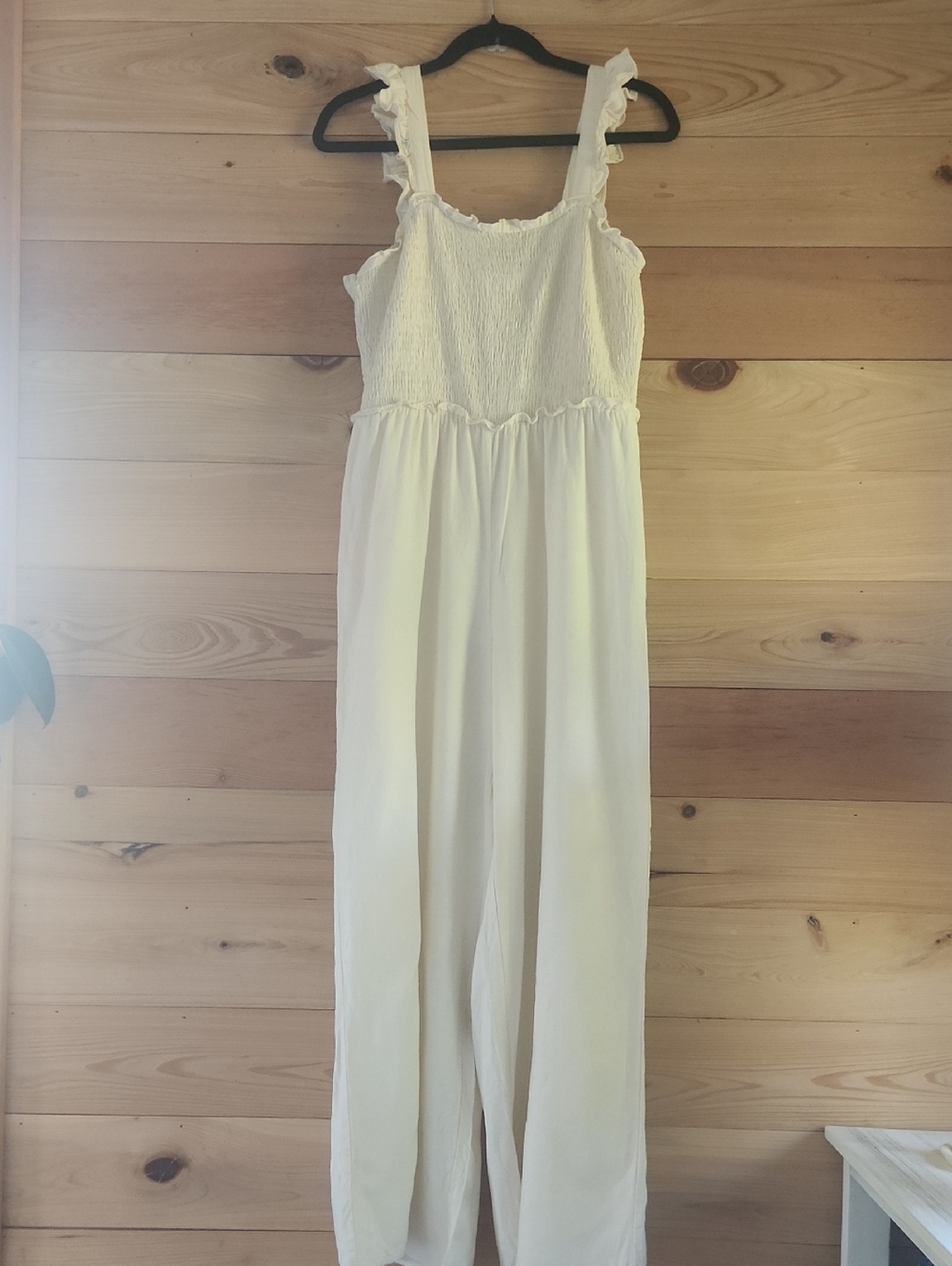 H&M Linen Cream Smocked Bodice Wide-Leg Jumpsuit
